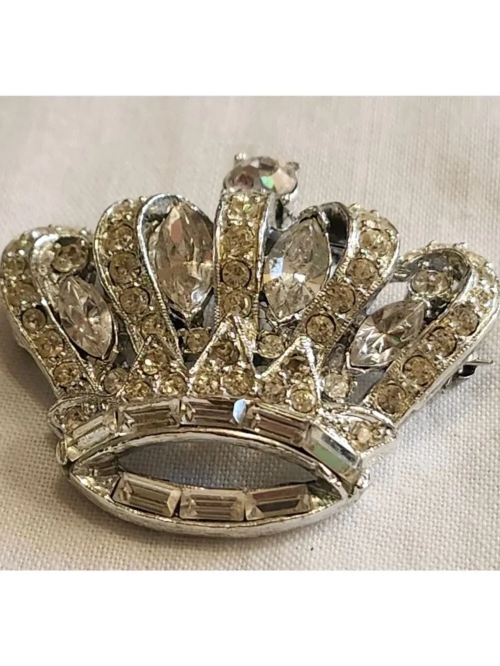 Vintage Rhinestone Crown  Silver Tone Regal Mardi Gras Brooch Elegant Sparkling
